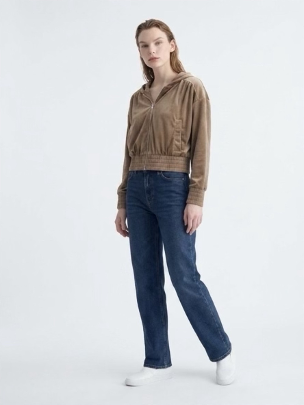 Camellia Light Brown Cropped Velvet Zip Up Jacket